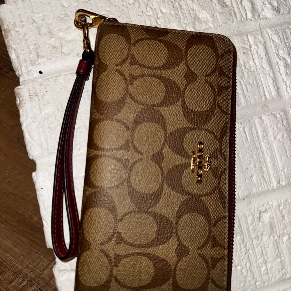 Coach Tan and Maroon Long Zip Around Signature Wallet